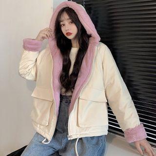 Hooded Faux Fleece Panel Double-pocket Cargo Jacket