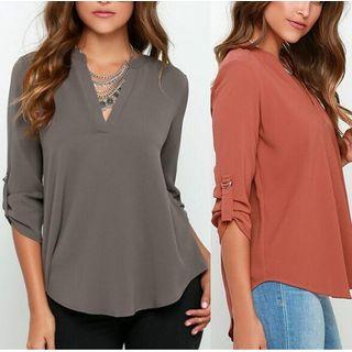 Long-sleeved V-neck Plain Blouse