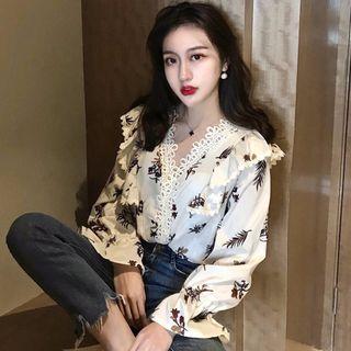 V-neck Lace Printed Chiffon Blouse