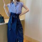Cap-sleeve Striped Shirt / Denim Midi Skirt