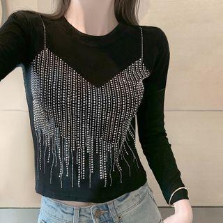 Long Sleeve Rhinestone Detail Top