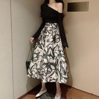 One-shoulder Long-sleeve T-shirt / Flower Print Midi A-line Skirt