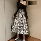 One-shoulder Long-sleeve T-shirt / Flower Print Midi A-line Skirt