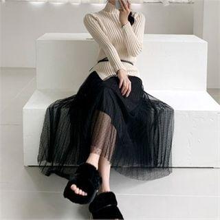 Set: Slit-hem Knit Top + Tulle Skirt With Belt