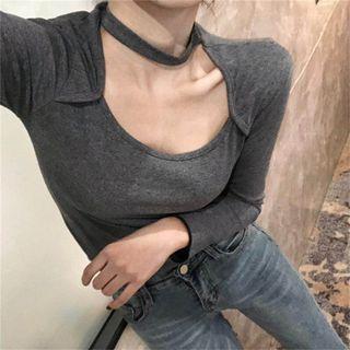 Plain Long-sleeve Slim-fit Halter Top