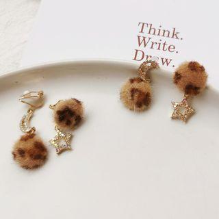 Leopard Print Bobble Rhinestone Moon & Star Dangle Earring