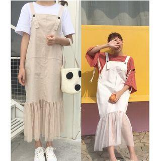 Mesh Hem Plain Pinafore Midi Dress