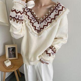 Faux Pearl Ruffle Panel V-neck Knit Top