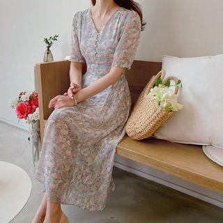 V-neck Floral Print Midi Dress Sky Blue - One Size