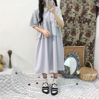 Short-sleeve Collared Dress Blue - One Size