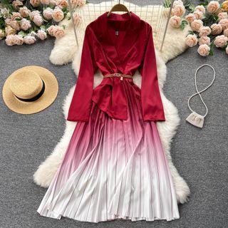 Mock Two-piece V-neck Top Panel Accordion Pleat Gradient Dress