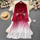 Mock Two-piece V-neck Top Panel Accordion Pleat Gradient Dress