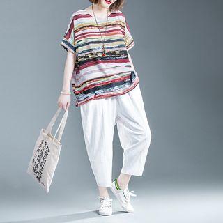 Set: Striped Short-sleeve T-shirt + Crop Harem Pants