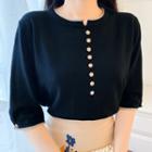 Elbow-sleeve Buttoned Knit Top / Floral Embroidered Mini Skirt / Set