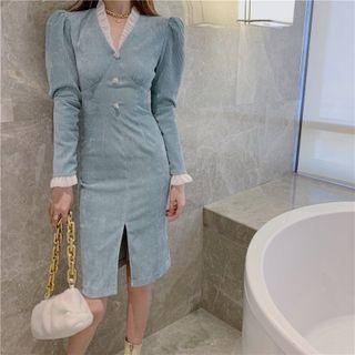 Frill Trim Puff-sleeve Sheath Dress
