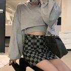 Asymmetrical Cropped Sweatshirt / Camisole Top / Check Mini A-line Skirt