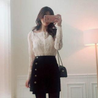 Set: Wide-cuff Lace Sheer Blouse + Camisole Top