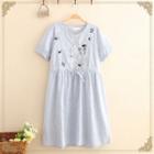 Embroidered Striped Short-sleeve Dress Blue - One Size
