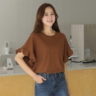 Ruffle-cuff Keyhole-back T-shirt