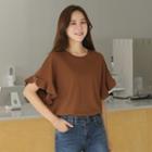 Ruffle-cuff Keyhole-back T-shirt