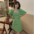 Short-sleeve Square-neck Mini A-line Dress Green - One Size