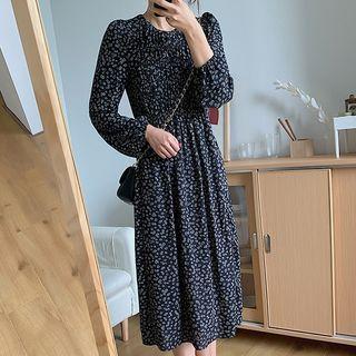 Long-sleeve Floral Chiffon Midi A-line Dress