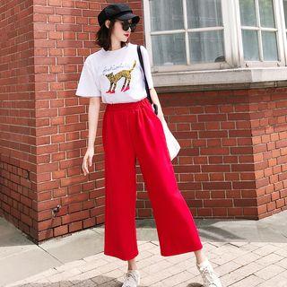 Set: Print Short-sleeve T-shirt + Wide-leg Pants