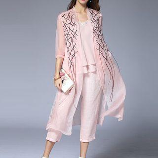 Set: Embroidered 3/4 Sleeve Long Coat + Layered Camisole Top + Cropped Pants