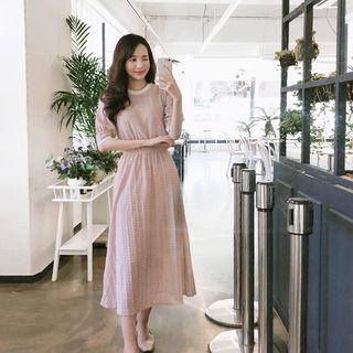 Elbow-sleeve Pointelle-knit Maxi Dress