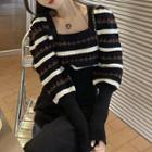 Puff-sleeve Flower Print Sweater Black - One Size