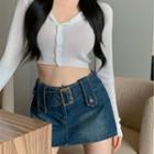 Long-sleeve Crop Top / Denim Skort