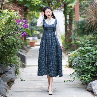 Long-sleeve Embroidered Plaid Midi A-line Dress