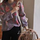 Floral Patterned Wool Blend Knit Top Purple - One Size