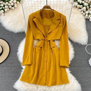 Set: Cropped Open-front Blazer + Spaghetti Strap A-line Dress