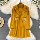 Set: Cropped Open-front Blazer + Spaghetti Strap A-line Dress