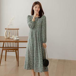 Puff-sleeve Pleated Midi Floral Dress
