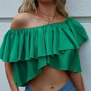 Plain Off-shoulder Pleated Crop Top