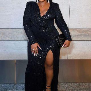 Asymmetrical Long-sleeve Sequined Bodycon Evening Gown Black - Xl