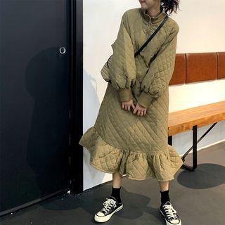 Ruffle Long-sleeve Loose-fit Dress Khaki - One Size