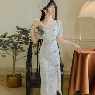 Short-sleeve Frog Button Midi Lace Dress