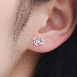 925 Sterling Silver Moonstone Deer Horn Earring 1 Pair - Elk - One Size