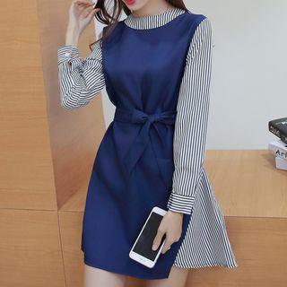Mock Two-piece Pinstripe Long-sleeve Dress