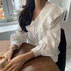 Collared Ruffled Blouse White - One Size