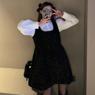 Puff-sleeve Shirt / Sequined Mini A-line Overall Dress