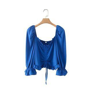 3/4-sleeve Frill Trim Drawstring Crop Top