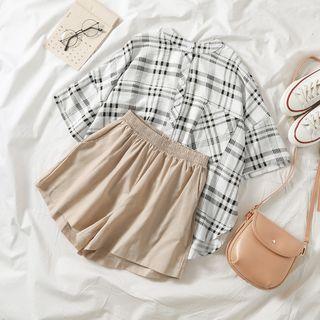 Elbow-sleeve Plaid Shirt / High-waist Shorts / Set