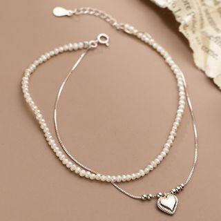 Heart Pendant Layered Faux Pearl Alloy Bracelet 1 Pc - Off-white & Silver - One Size