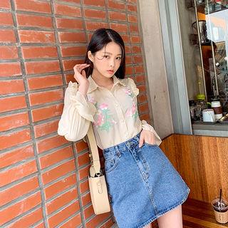 Flower Patch Frilled Crepe Blouse Beige - One Size