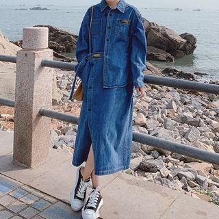 Long-sleeve Asymmetrical Button-up Denim Midi Dress