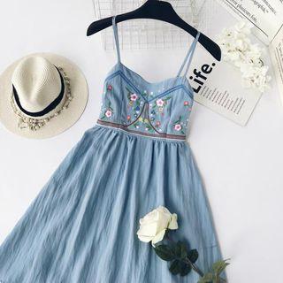 Spaghetti Strap Floral Embroidery A-line Midi Dress